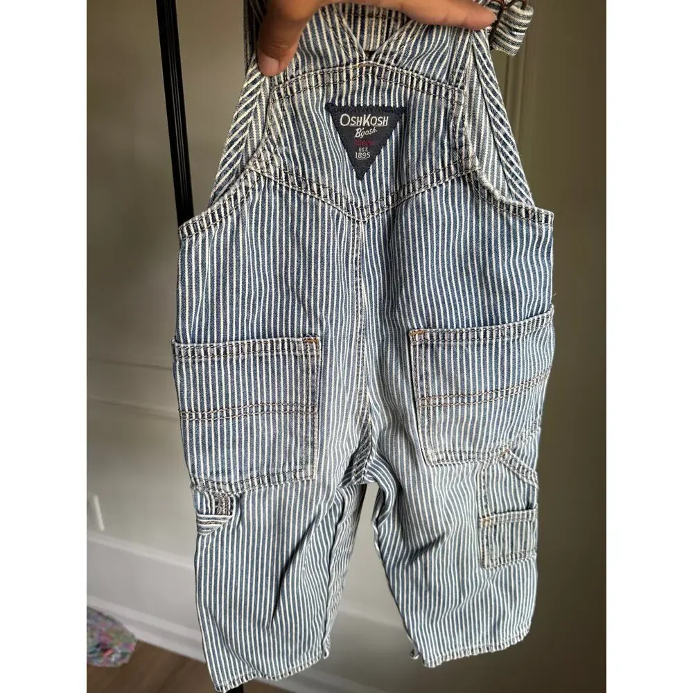 Vintage OshKosh B'Gosh 12M Hickory Stripe Overalls Railroad Denim Baby USA